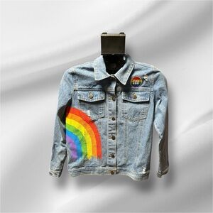 M&M's Blue Rainbow Vibes Denim Graphic Painted Jean Jacket Size Small